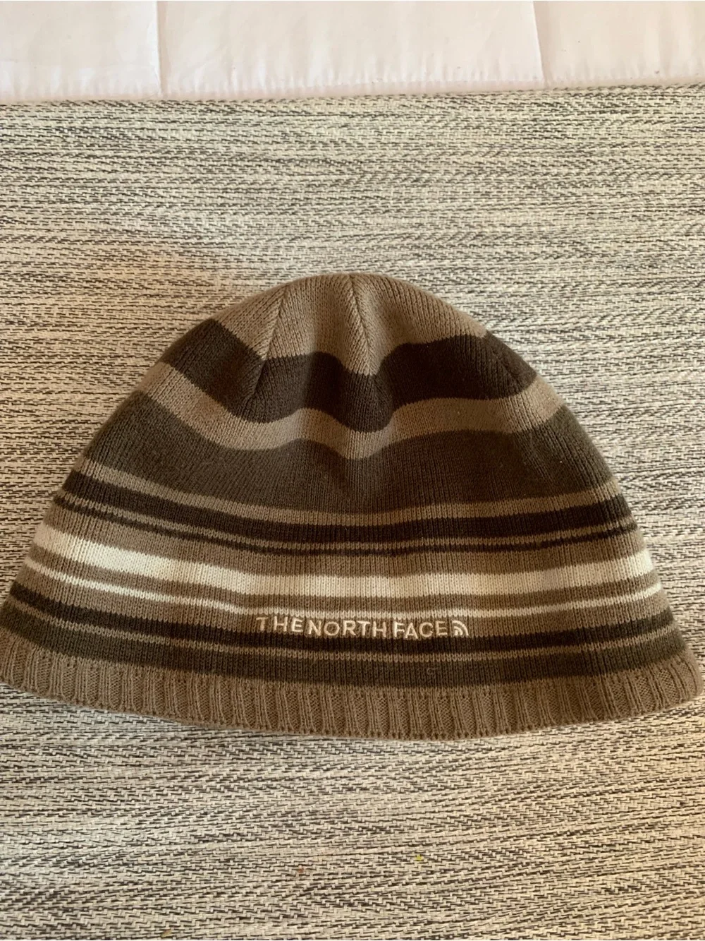 The North Face Striped Knit Beanie - Olive, Dark Brown & Cream